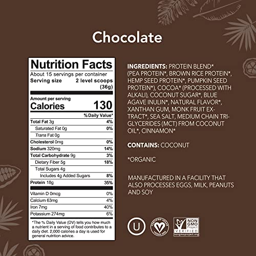 ALOHA Organic Plant Based Protein Powder, Stevia Free, Chocolate, 19.6 oz, 15 Servings