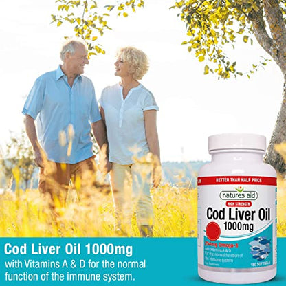 Natures Aid Cod Liver Oil, 1000 mg, 180 Softgel Capsules (High Strength, 254 mg Omega