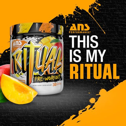 ANS Performance Ritual Pre Workout (30 Servings, 12.7 oz) - Complete Preworkout Formula - Energy, Focus, & Strength - Increase Power Output & Workout Volume - Endurance & Stamina (Peach Mango)