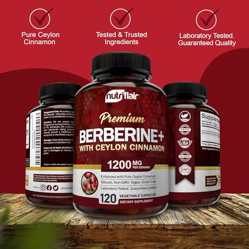 NutriFlair Premium Berberine HCL 1200mg, 120 Capsules - Plus Pure True Ceylon Cinnamon