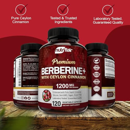 NutriFlair Premium Berberine HCL 1200mg, 120 Capsules - Plus Pure True Ceylon Cinnamon