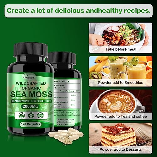 Fleamart 2 Pack Irish Sea Moss Capsules 120ct Raw Organic Sea Moss Wildcrafted Bladder