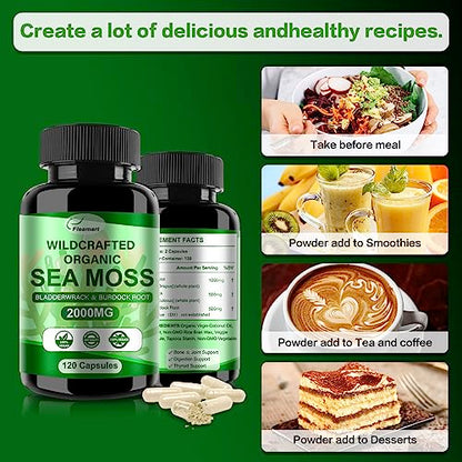 Fleamart 2 Pack Irish Sea Moss Capsules 120ct Raw Organic Sea Moss Wildcrafted Bladder