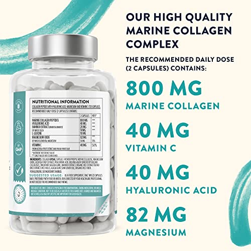 Marine Collagen Tablets for Women and Men with Hyaluronic Acid, Natural Vitamin C & Magnesium - with Pure Collagen peptides