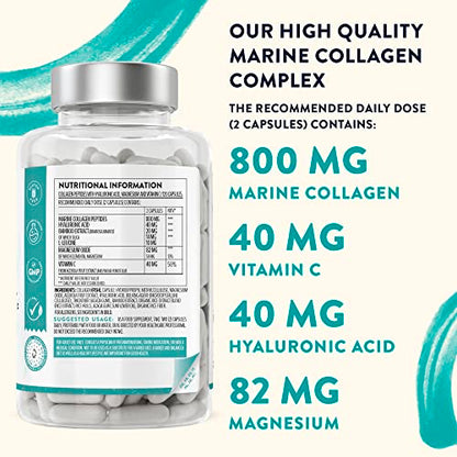 Marine Collagen Tablets for Women and Men with Hyaluronic Acid, Natural Vitamin C & Magnesium - with Pure Collagen peptides