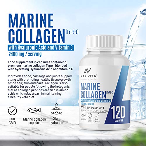 Marine Collagen Type 1 2400mg - 120 Capsules Supplement with Hyaluronic Acid and Vitamin C