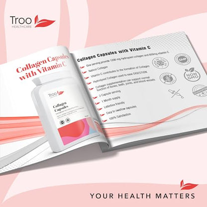 Troo Marine Collagen Supplement - 60 High Strength Capsules 1200mg Serving - Hydrolysed Marine Collagen Peptides with Vitamin C