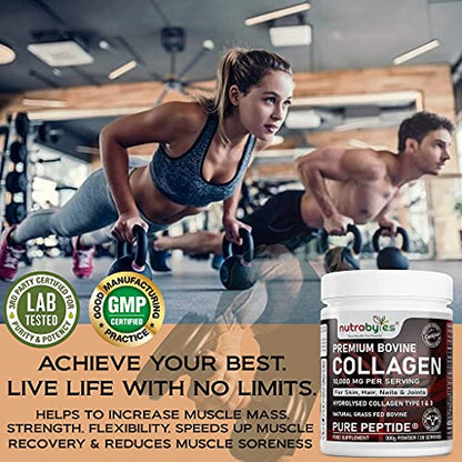 Pure Hydrolysed Collagen Powder 10000mg Bovine Type 1 & 3 Unflavoured|High Strength Protein Peptides for Women & Men