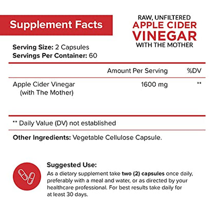 Apple Cider Vinegar Capsules with The Mother - 120 Vegan ACV Pills