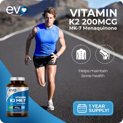 EVO NUTRITION Vitamin K2 MK-7 200mcg | 365 Vegetarian and Vegan Tablets