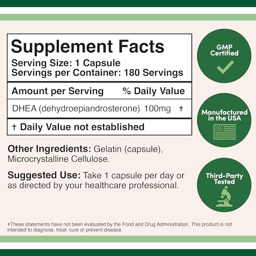 DHEA 100mg | 180 Capsules | Max Strength 6 Month Supply | Third Party Tested | Hormone