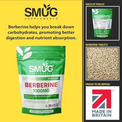 SMUG Supplements Berberine Tablets - 100 High Strength 1000mg Pills - Can Promote