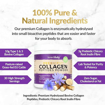 Prebiotic Collagen Powder - 390g Hydrolysed Bovine Collagen Peptides with Prebiotics for Gut Health & Skin