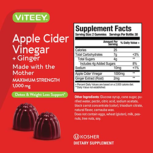 Apple Cider Vinegar Gummies 1,000mg Plus Ginger, ACV with The Mother, Detox Cleanse