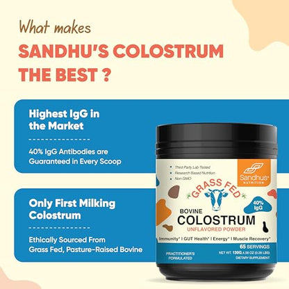 Sandhu's Pure Bovine Colostrum Powder Supplement for Humans |𝟰𝟬% 𝗜𝗴𝗚 Highly