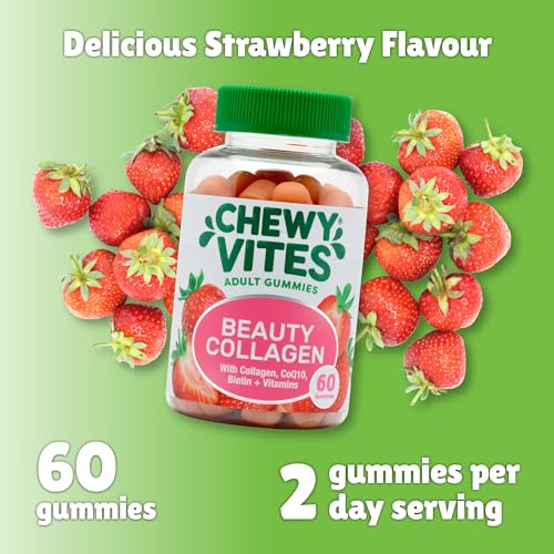 Chewy Vites Beauty Collagen 60 Gummy Vitamins |Hydrolised Collagen, CoQ10, Biotin + Vitamins | 1 Month Supply | Real Fruit Juice | Berry Flavour | 2-a-Day |