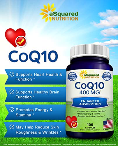 aSquared Nutrition CoQ10 (400mg Max Strength, 100 Veggie Capsules) - High Absorption