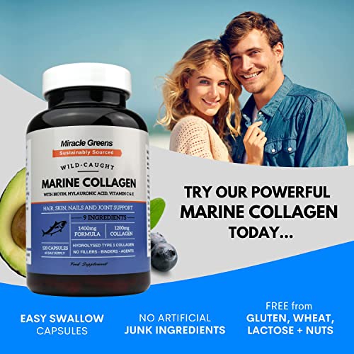 Marine Collagen 1400mg | 120 Capsules with Biotin, Hyaluronic Acid, Vitamin C, E, B2, Zinc, Copper & Iodine