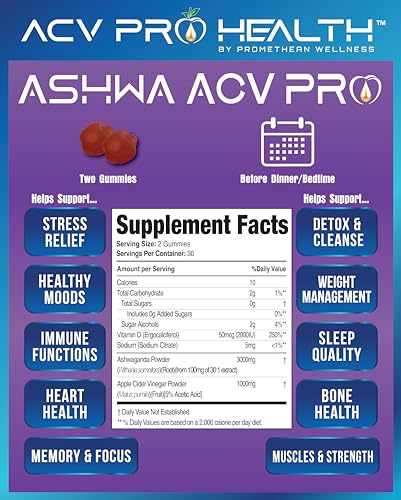 Ashwa ACV Pro Health - Sugar Free Apple Cider Vinegar Gummies, Ashwagandha Gummies