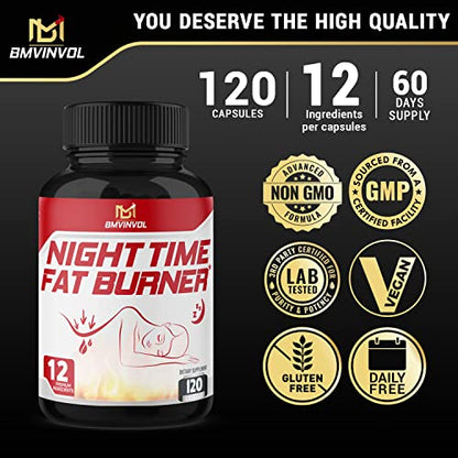 BMVINVOL Night Time Fat Burner 120Capsules, 12-in-1 Powerful Blend of Green Tea