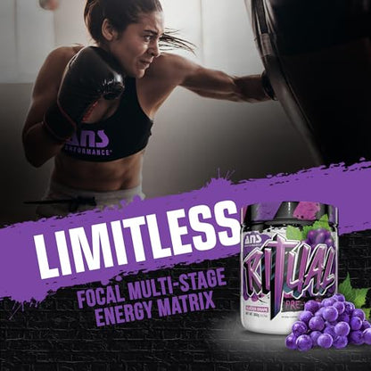 ANS Performance Ritual Pre Workout (30 Servings, 12.7 oz) - Complete Preworkout Formula - Energy, Focus, & Strength - Increase Power Output & Workout Volume - Endurance & Stamina (Grape)