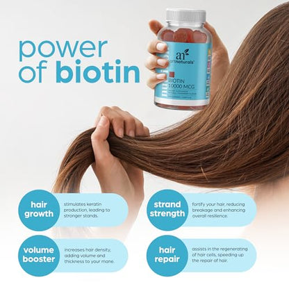 Artnaturals Biotin Gummies for Hair Growth - (100 Gummies - 10000mcg) - Natural Strawberry