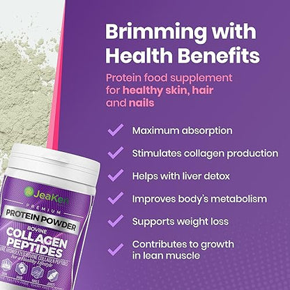 JeaKen - Unflavored Collagen Peptides Powder from Grass-Fed Bovine Sources - Sugar-Free Hydrolyzed Collagen