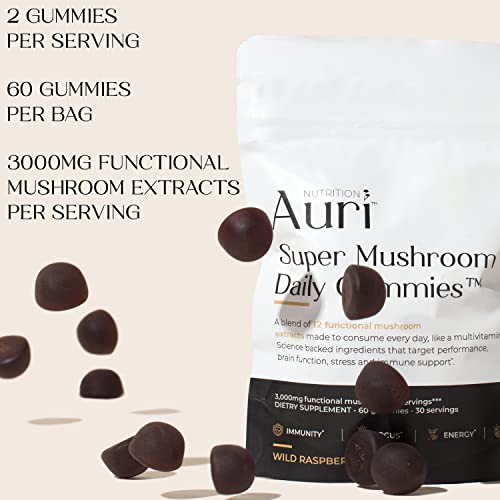 Auri Super Mushroom Gummies - All-in-One Daily Supplement Gummy - 12 Mushroom