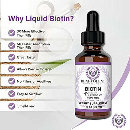 Benevolent Liquid Biotin 5000 mcg - Infused with Coconut Oil for 5X Absorption, Non-GMO