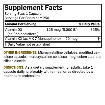 Futurebiotics Vitamin K2 (MK7) with D3 Supplement - Non-GMO Formula - 5000 IU Vitamin