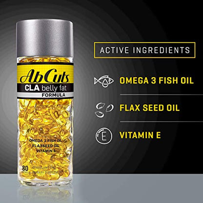 Ab Cuts CLA Belly Fat Formula - 80 Easy-to-Swallow Softgels - Omega 3 Fish Oil, Flaxseed