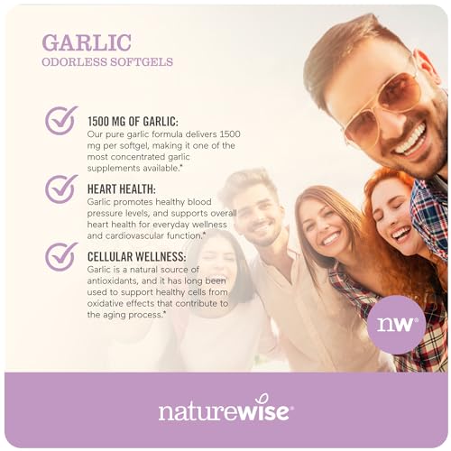 NatureWise Garlic Odorless Softgels 1500mg Support Teeth & Immune System Health