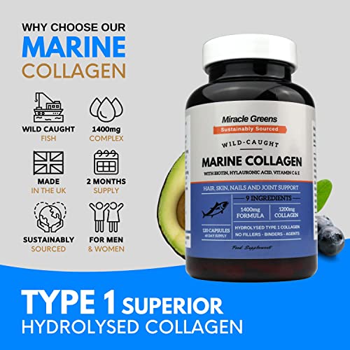 Marine Collagen 1400mg | 120 Capsules with Biotin, Hyaluronic Acid, Vitamin C, E, B2, Zinc, Copper & Iodine