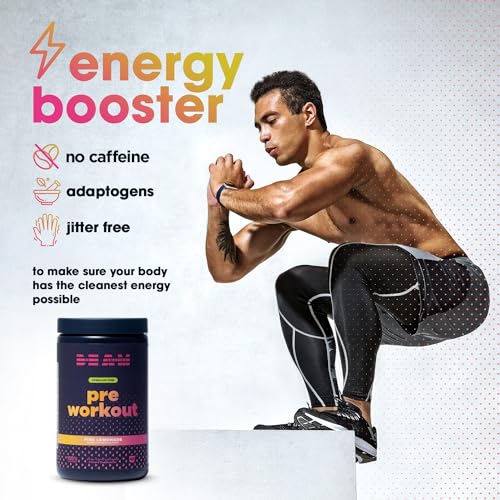 BEAM Be Amazing Vegan Stim Free Pre-Workout Powder | Energy Booster Powdered Drink with No Caffeine, No Crash, No Jitters | Gluten-Free Supplement with Adaptogens | Pink Lemonade, 40 Scoops