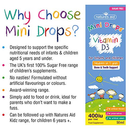 Natures Aid Vitamin D3 Mini Drops for Infants and Children, Sugar Free, 50ml