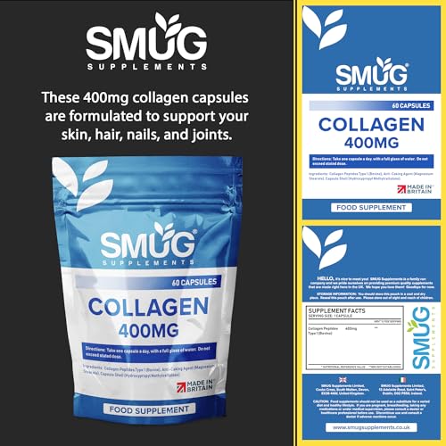 SMUG Supplements Collagen Capsules - 60 High Strength 400mg Pills - Promotes Healthy Skin