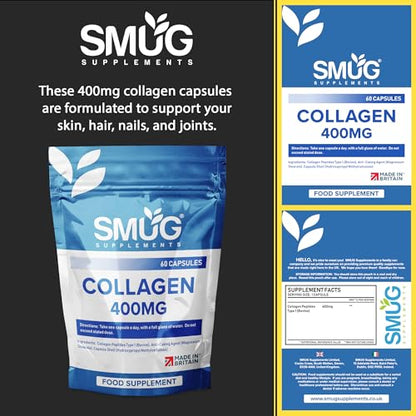 SMUG Supplements Collagen Capsules - 60 High Strength 400mg Pills - Promotes Healthy Skin