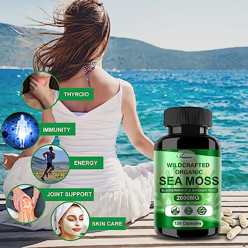 Fleamart 2 Pack Irish Sea Moss Capsules 120ct Raw Organic Sea Moss Wildcrafted Bladder