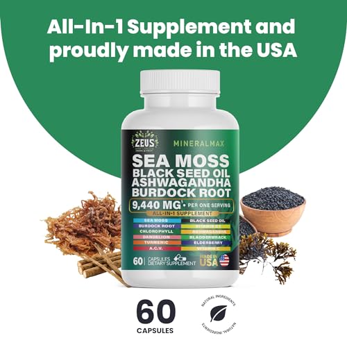 Sea Moss Capsules with Black Seed Oil, Burdock Root, Bladderwrack, Turmeric, Ashwagan