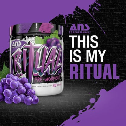 ANS Performance Ritual Pre Workout (30 Servings, 12.7 oz) - Complete Preworkout Formula - Energy, Focus, & Strength - Increase Power Output & Workout Volume - Endurance & Stamina (Grape)