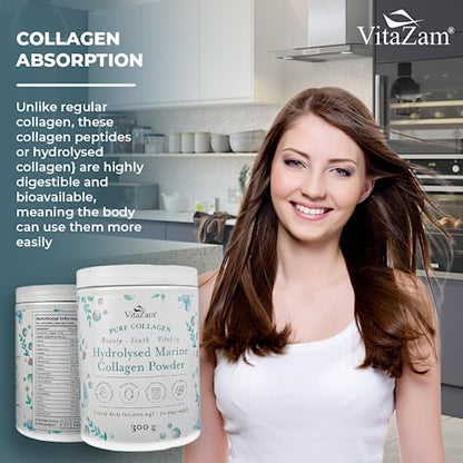 Vitazam Pure Marine Collagen Powder - 100% Hydrolysed Collagen Peptides for Hair Skin and Nails