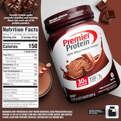 Premier Protein Powder, Chocolate Milkshake, 30g Protein, 1g Sugar, 100% Whey Protein