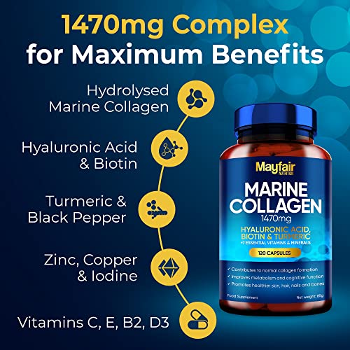 Mayfair Nutrition Marine Collagen 120 High Strength Capsules 1470mg Complex with Hyaluronic Acid