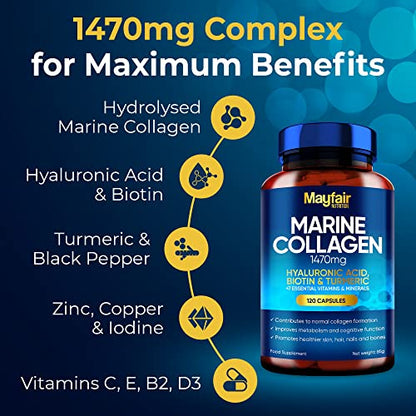 Mayfair Nutrition Marine Collagen 120 High Strength Capsules 1470mg Complex with Hyaluronic Acid