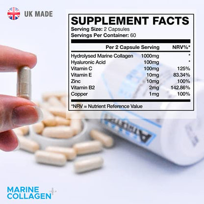 Marine Collagen 1000mg - Type 1 Hydrolysed Collagen - Enhanced with Hyaluronic Acid, Vitamin C