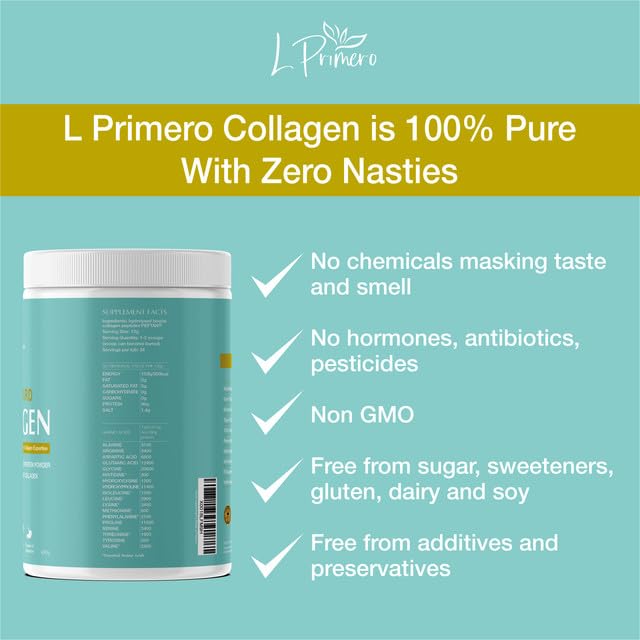 L Primero Collagen Peptides Powder 400g, Hydrolysed Unflavoured, Grass-Fed Bovine Bioactive Protein, Highly absorbable 18 Amino Acids, Keto