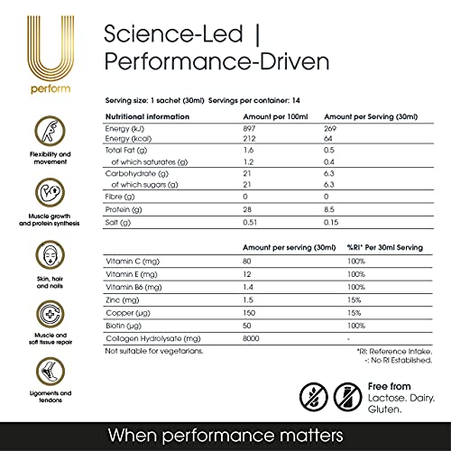 U Perform - Sports Muscle Recovery Supplement - High Protein Liquid Collagen Drink - Great for Joints Repair - Citrus Tasting and Natural Ingredients Based (8000mg) (14 sachets)