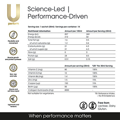 U Perform - Sports Muscle Recovery Supplement - High Protein Liquid Collagen Drink - Great for Joints Repair - Citrus Tasting and Natural Ingredients Based (8000mg) (14 sachets)