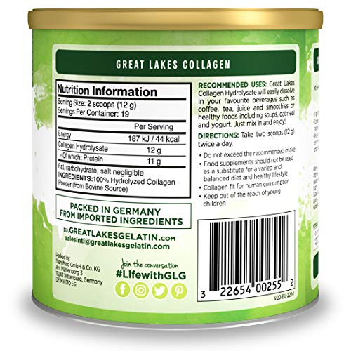 Great Lakes Gelatin Collagen Hydrolysate, Grass-Fed Bovine Hydrolysed Collagen Peptides Protein Powder Supplement, Unflavoured, 226g, Can