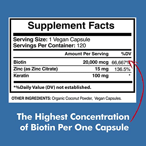 Biotin 20,000mcg with Keratin, Organic Coconut and Zinc, Hair Growth Supplements, Biotin